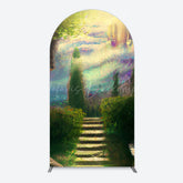 Lofaris Blurry Blue Stairs Greenery Scenery Arch Backdrop