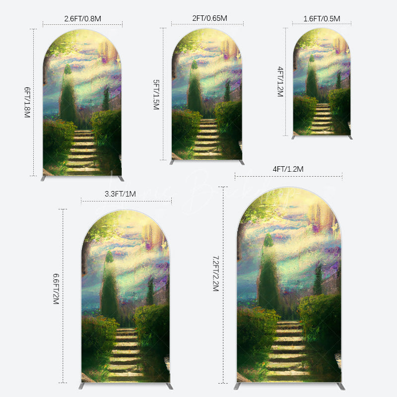 Lofaris Blurry Blue Stairs Greenery Scenery Arch Backdrop