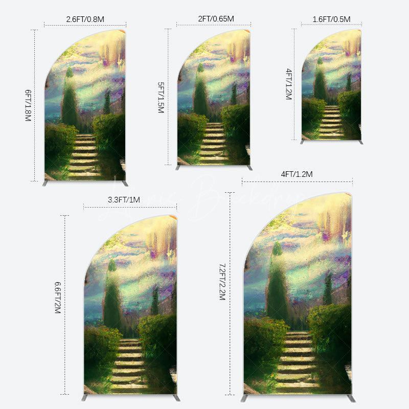 Lofaris Blurry Blue Stairs Greenery Scenery Half Moon Arch Backdrop