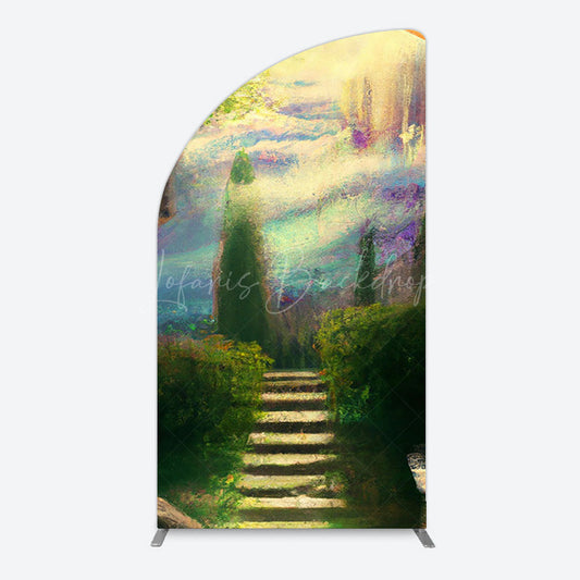 Lofaris Blurry Blue Stairs Greenery Scenery Half Moon Arch Backdrop
