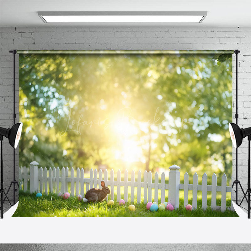 Lofaris Blurry Forest Sunlight Fence Rabbit Easter Backdrop