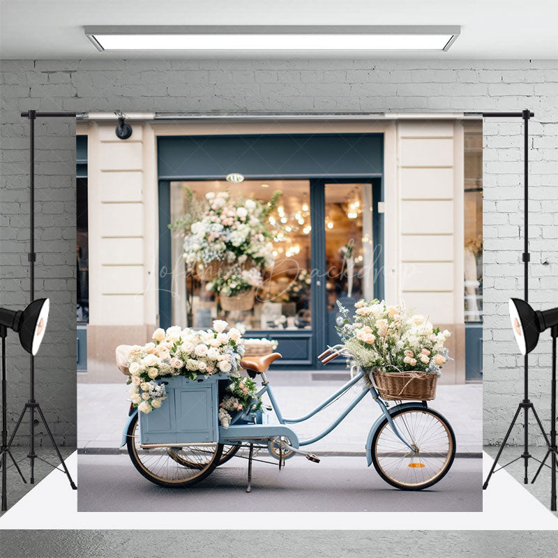 Lofaris Blurry Modern Blue White Store Bike Street Backdrop