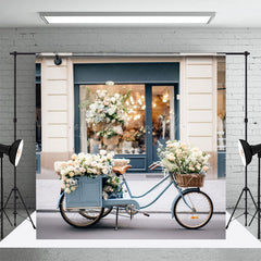 Lofaris Blurry Modern Blue White Store Bike Street Backdrop