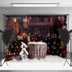 Lofaris Blurry Snowy Barrel Christmas Vibe Photo Backdrop