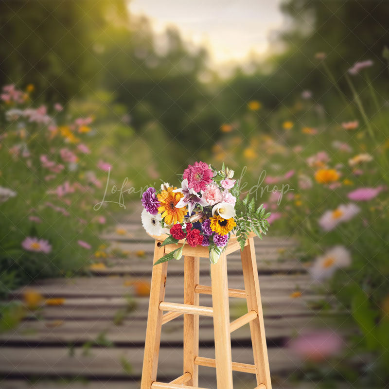 Lofaris Blurry Wildflower Boardwalk Spring Photo Backdrop