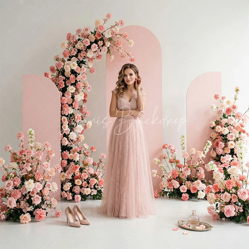 Lofaris Blush Pink Floral Arched Panels Combo Set Backdrop Elegant Roses Wedding Baby Shower Party Decor