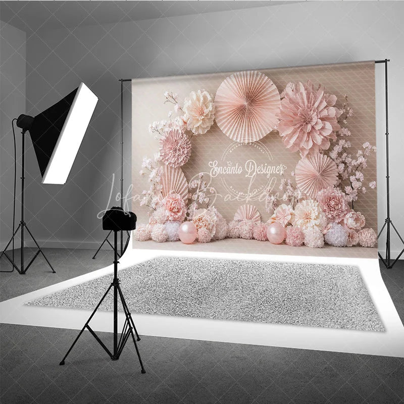 Lofaris Blush Pink Paper Fan and Flower Photography Backdrop Neutral Tones for Wedding Bridal Shower Photo Booth Decor