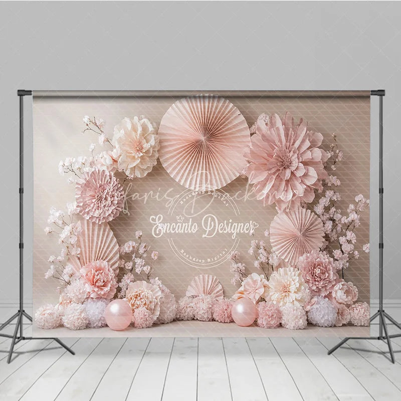 Lofaris Blush Pink Paper Fan and Flower Photography Backdrop Neutral Tones for Wedding Bridal Shower Photo Booth Decor