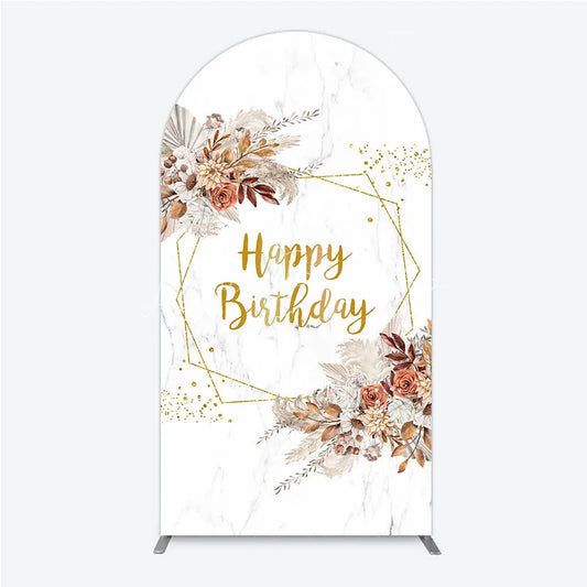 Lofaris Bohemian Happy Birthday Arched Backdrop Pampas Grass and Dried Flowers Gold Geometric Frame for Elegant Decor