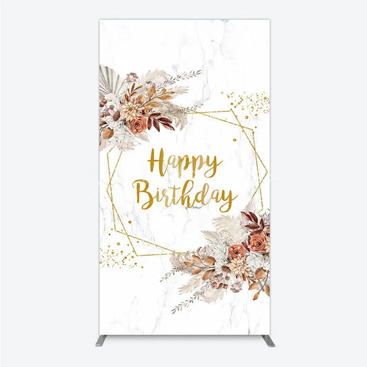 Lofaris Bohemian Happy Birthday Rectangleed Backdrop Pampas Grass and Dried Flowers Gold Geometric Frame for Elegant Decor