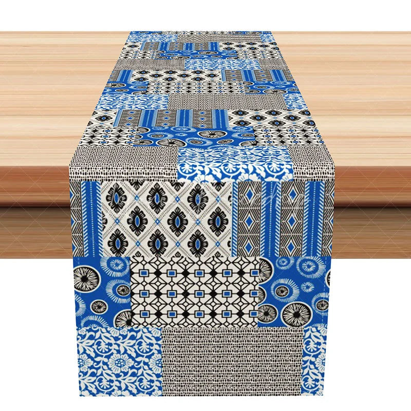 Lofaris Bohemian Patchwork Geometric Table Runner Blue Black and White Eclectic Kitchen Dining Decor