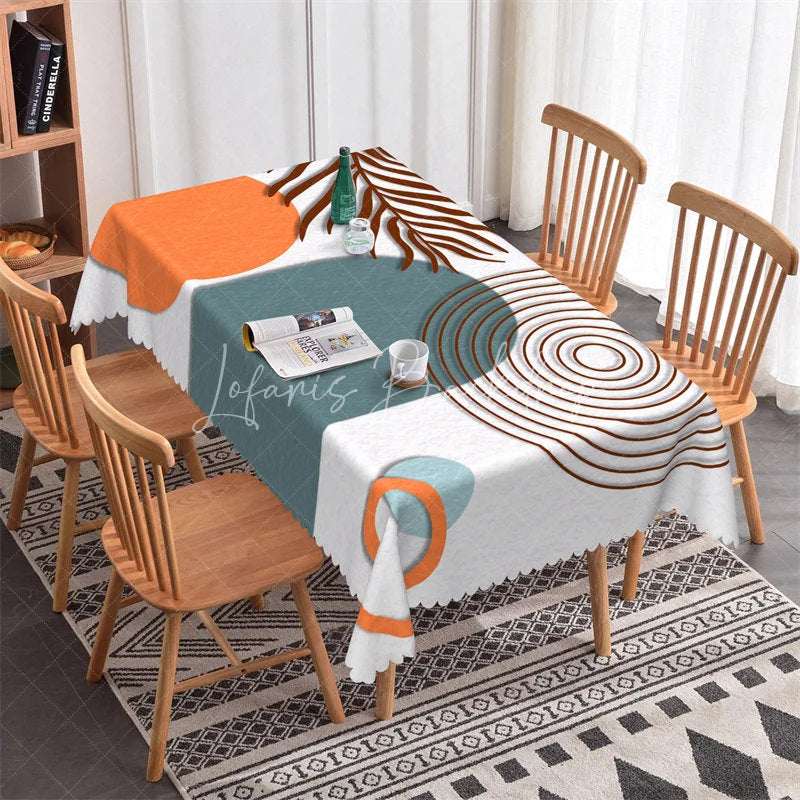 Lofaris Boho Abstract Tropical Leaf and Orange Circle Rectangle Tablecloth with Scalloped Edge Modern Dining Decor