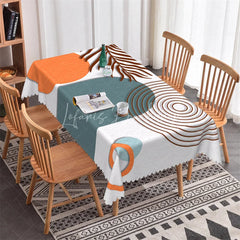 Lofaris Boho Abstract Tropical Leaf and Orange Circle Rectangle Tablecloth with Scalloped Edge Modern Dining Decor