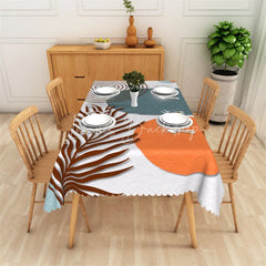 Lofaris Boho Abstract Tropical Leaf and Orange Circle Rectangle Tablecloth with Scalloped Edge Modern Dining Decor