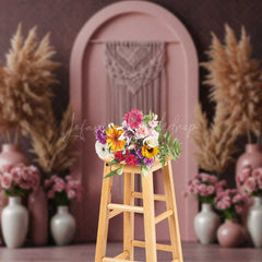 Lofaris Boho Arch Photography Backdrop Terracotta Wall with Macrame Hanging Pampas Grass and Pink Roses Studio Prop