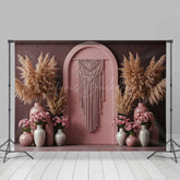 Lofaris Boho Arch Photography Backdrop Terracotta Wall with Macrame Hanging Pampas Grass and Pink Roses Studio Prop