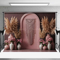 Lofaris Boho Arch Photography Backdrop Terracotta Wall with Macrame Hanging Pampas Grass and Pink Roses Studio Prop