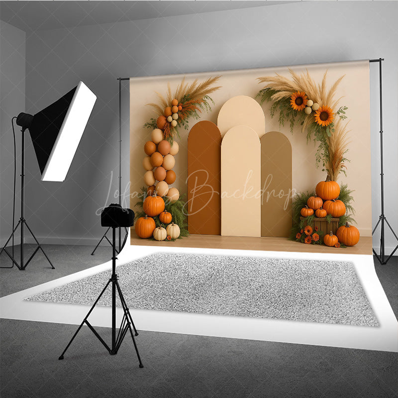 Lofaris Boho Autumn Arch Panels Photography Backdrop Fall Pumpkins and Pampas Grass Thanksgiving Themed Photo Prop