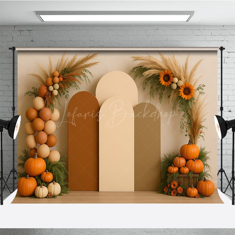 Lofaris Boho Autumn Arch Panels Photography Backdrop Fall Pumpkins and Pampas Grass Thanksgiving Themed Photo Prop