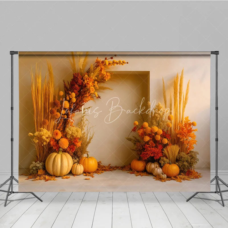 Lofaris Boho Autumn Floral Arch Photography Backdrop Pampas Grass and Pumpkins Modern Fall Wedding Photo Booth Decor