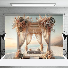 Lofaris Boho Beach Wooden Canopy Photography Backdrop White Drapes and Tropical Floral Seaside Background