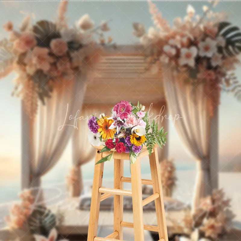 Lofaris Boho Beach Wooden Canopy Photography Backdrop White Drapes and Tropical Floral Seaside Background