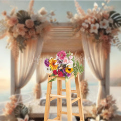 Lofaris Boho Beach Wooden Canopy Photography Backdrop White Drapes and Tropical Floral Seaside Background