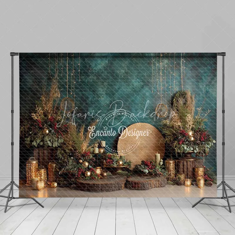 Lofaris Boho Blue Christmas Backdrop Rustic Gold Lantern Floral Photography Background