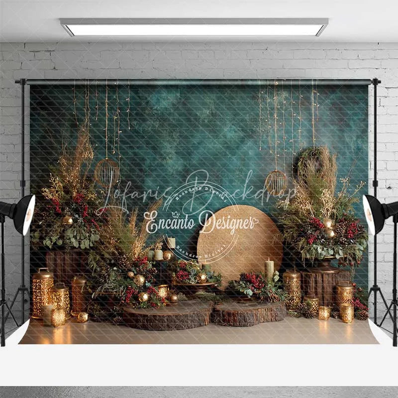 Lofaris Boho Blue Christmas Backdrop Rustic Gold Lantern Floral Photography Background