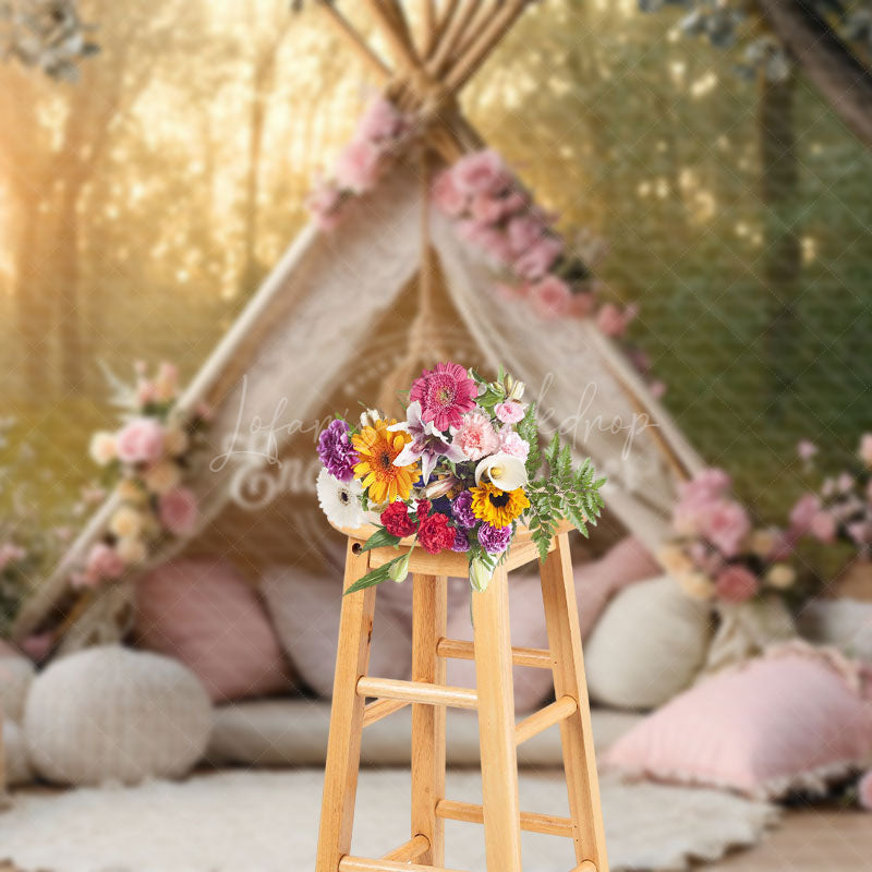 Lofaris Boho Chic Forest Camping Pink Tent Spring Backdrop