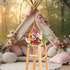 Lofaris Boho Chic Forest Camping Pink Tent Spring Backdrop