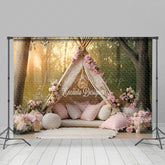 Lofaris Boho Chic Forest Camping Pink Tent Spring Backdrop