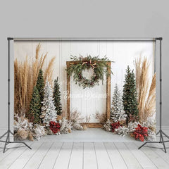 Lofaris Boho Christmas Backdrop Rustic Wood Frame Pampas Grass Winter Trees White Wall Photography Background