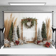 Lofaris Boho Christmas Backdrop Rustic Wood Frame Pampas Grass Winter Trees White Wall Photography Background