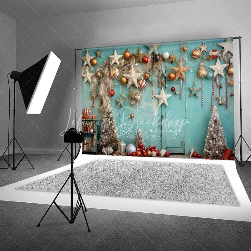 Lofaris Boho Christmas Backdrop Teal Wall Hanging Star Ornament Photography Background Rustic White Tree Winter Holiday Party Decor