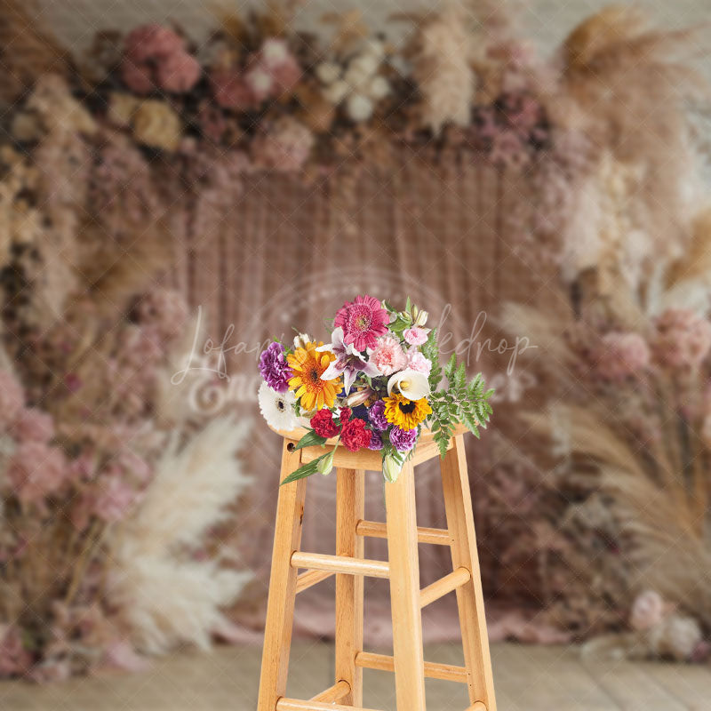 Lofaris Boho Colorful Floral Pink Curtain Wedding Backdrop