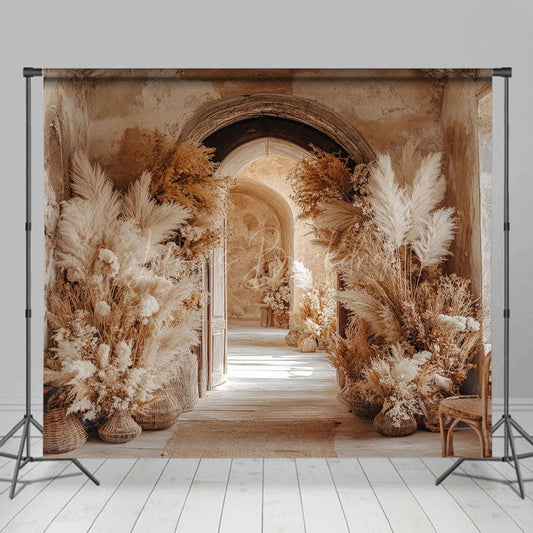 Lofaris Boho Feather Beige Retro Arched Corridor Backdrop