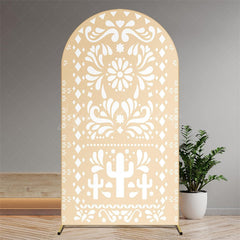 Lofaris Boho Fiesta Arch Backdrop with Cactus and Otomi Inspired Pattern Terracotta Color Mexican Folk Art Party Decor