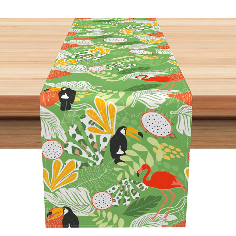 Lofaris Boho Flamingo and Tropical Leaves Table Runner Fresh Green Monstera Pink Summer Party Decoration