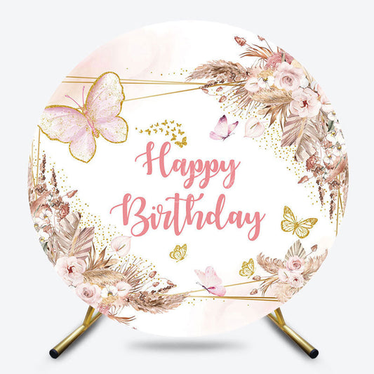 Lofaris Boho Floral Butterfly Round Happy Birthday Backdrop