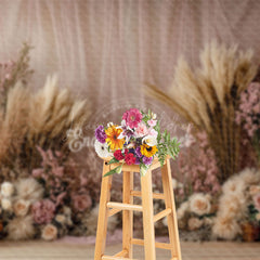 Lofaris Boho Floral Hay Pink Curtain Wedding Photo Backdrop