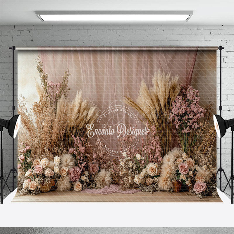 Lofaris Boho Floral Hay Pink Curtain Wedding Photo Backdrop