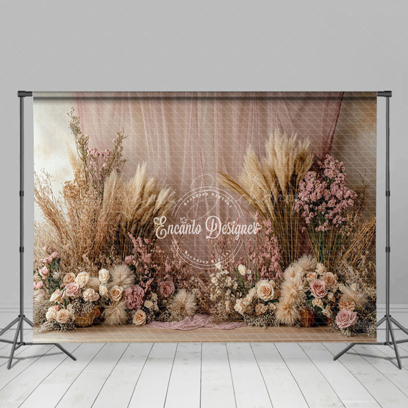 Lofaris Boho Floral Hay Pink Curtain Wedding Photo Backdrop