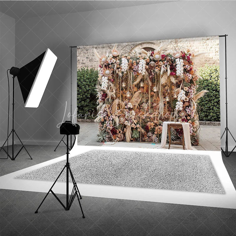 Lofaris Boho Floral Photography Backdrop with Pampas Grass Orchids and Roses Rustic Wedding Event Decor