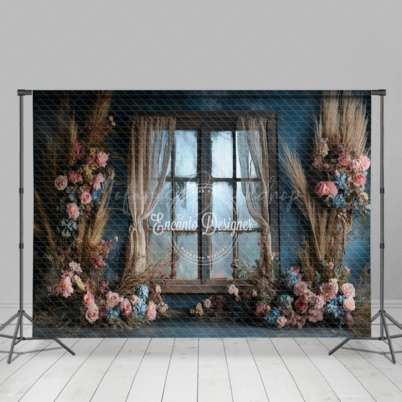 Lofaris Boho Floral Retro Blue Wall Window Room Set Backdrop