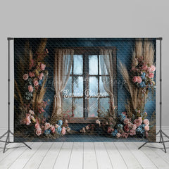 Lofaris Boho Floral Retro Blue Wall Window Room Set Backdrop
