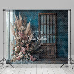 Lofaris Boho Floral Retro Blue Wall Window Room Set Backdrop