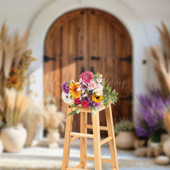 Lofaris Boho Floral Vase Retro Brown Door Wedding Backdrop
