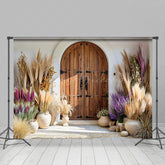 Lofaris Boho Floral Vase Retro Brown Door Wedding Backdrop