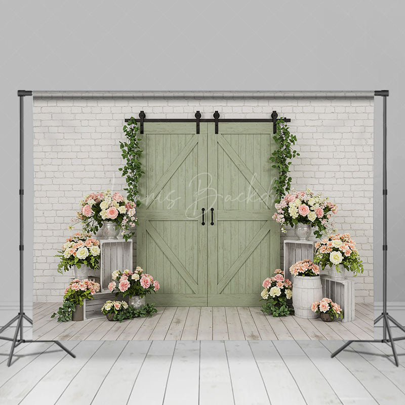 Lofaris Boho Green Wood Door Bricks Floral Wedding Backdrop
